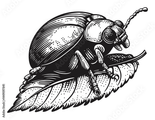 Detailed Engraving of a Beetle Resting on a Leaf in Black and White