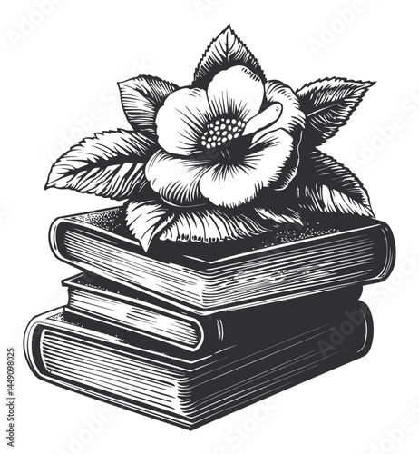 Vintage Engraving of Flower on Stacked Books Illustration