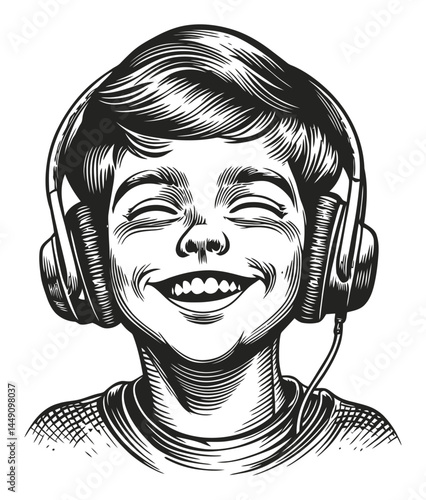 Engraved Illustration of a Happy Boy Wearing Headphones Smiling