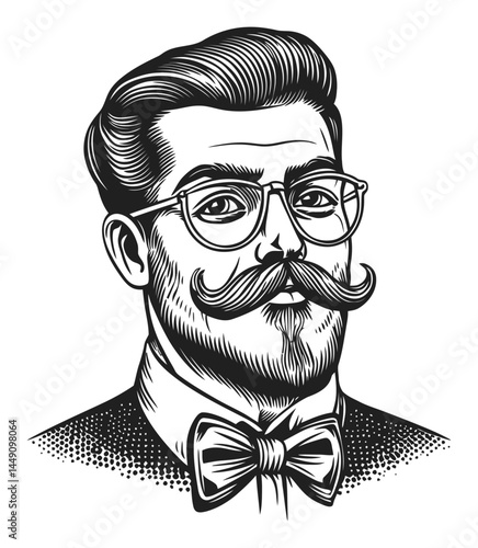 Vintage Engraving of a Distinguished Man with Glasses and Mustache