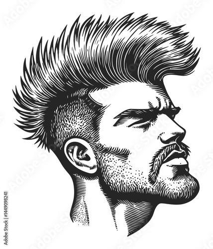Detailed Engraving of a Stylized Male Head with Spiky Hair
