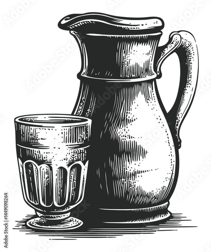 Vintage Engraving of a Jug and Glass in Black and White Style