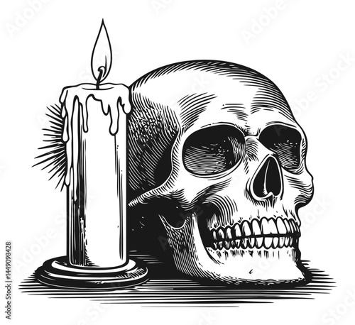 Detailed Engraving of a Skull with Candle for Artistic Use
