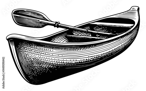 Detailed Engraving of a Classic Canoe with Paddle Illustration