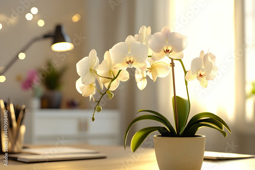 Interior home office scene with a flowering orchid.