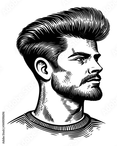 Detailed Engraving of a Handsome Young Man's Profile in Black and White