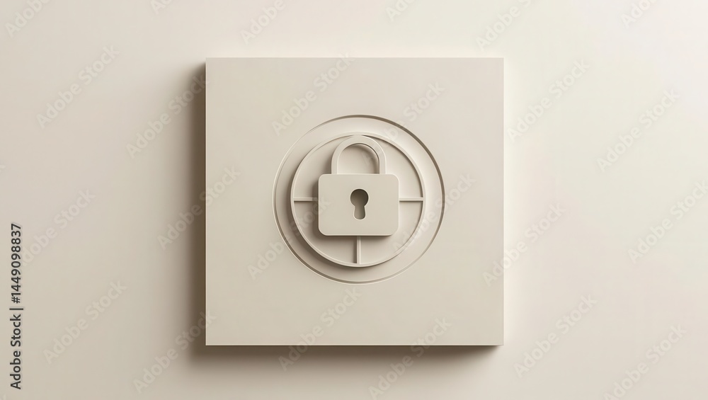 Fototapeta premium Cybersecurity awareness best practices concepts. A minimalist 3D icon of a padlock symbol, representing security and privacy, on a neutral square background.