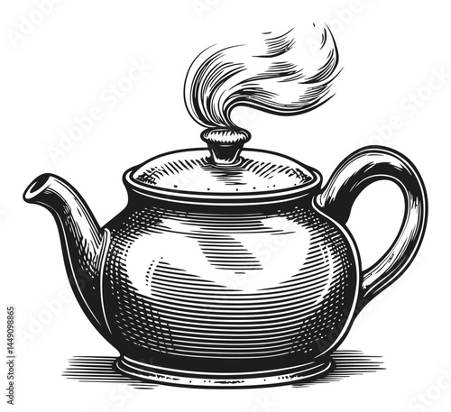 Vintage Engraving of a Teapot with Steam and Detailed Illustrations