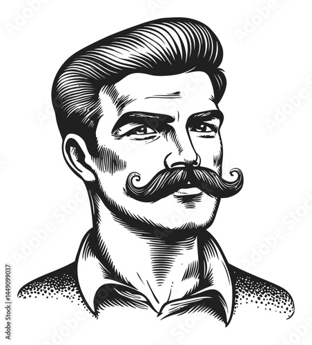 Vintage Engraving of a Stylish Gentleman with Mustache and Hair