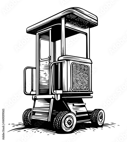 Vintage Drawing of a Hand Carved Operator Booth with Wheels