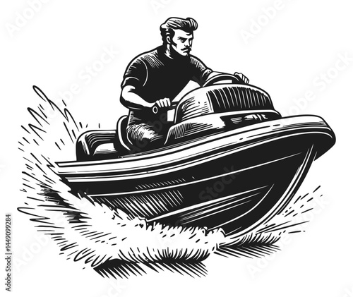 Vintage Engraving of Man Riding Jet Ski with Splashing Water