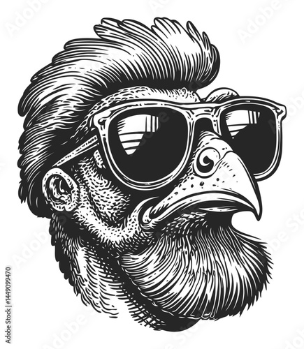 Detailed Illustration of a Chicken Wearing Sunglasses in Engraving Style