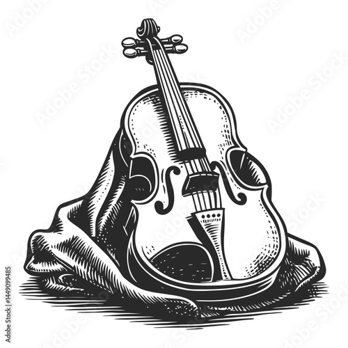 Vintage Engraving of Violin with Dramatic Drapery in Background