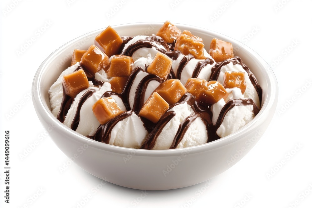 Close up of vanilla ice cream with chocolate syrup and caramel pieces in bowl Close up of vanilla ice cream with chocolate syrup and caramel pieces in bowl