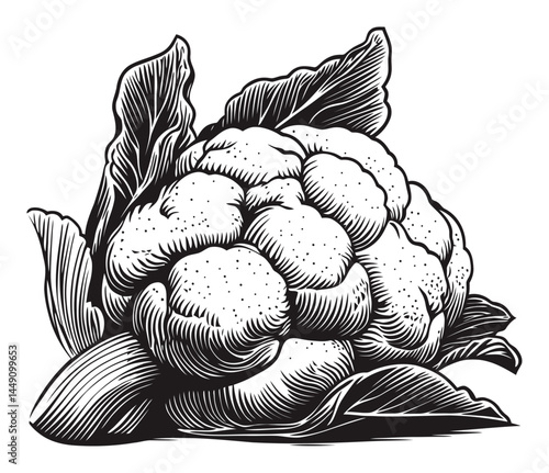 Detailed Black and White Engraving of a Cauliflower Vegetable