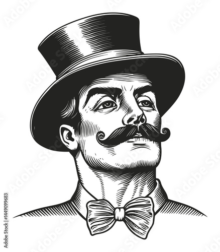 Vintage Gentleman Portrait with Top Hat and Mustache Illustration