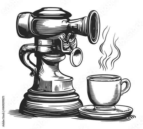 Vintage Coffee Grinder with Cup Illustration in Engraving Style