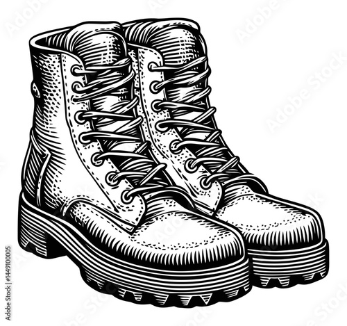 Vintage Engraving of Classic Hiking Boots in Black and White