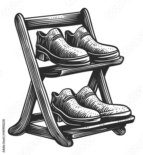 Vintage Engraving of Classic Shoes on Display Rack Illustration