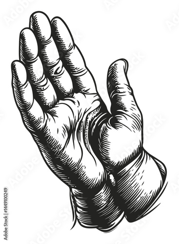 Detailed Black and White Engraving of Two Hands in Prayer Pose