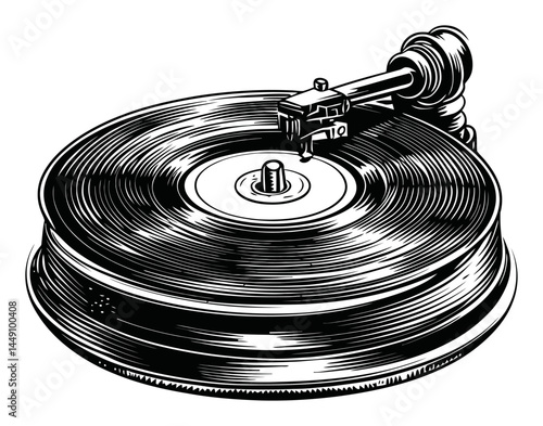 Vintage Engraving of a Classic Record Player Turntable Illustration