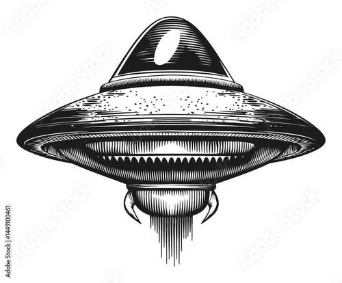 Intricate Engraving of a Classic UFO Illustration in Black and White