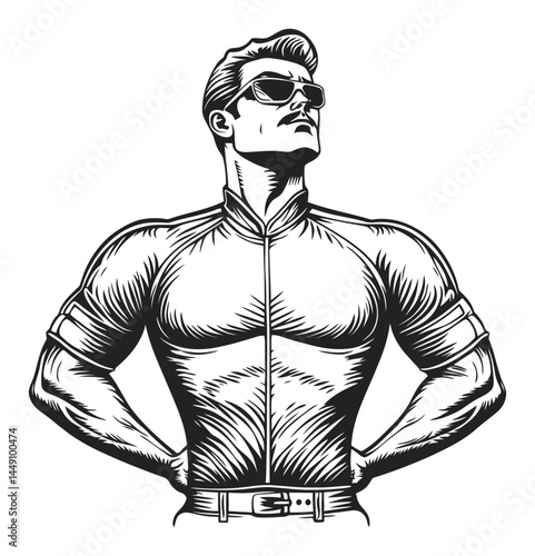Vintage Engraving of Confident Man in Sunglasses and Muscular Pose