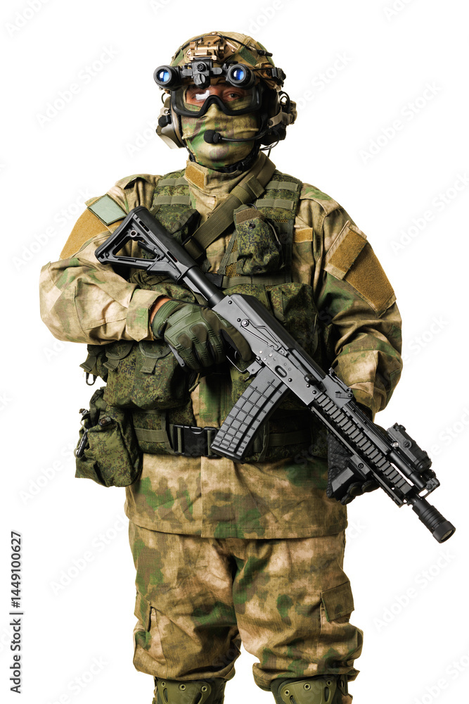Military personnel equipped with tactical gear and holding a firearm Military personnel equipped with tactical gear and holding a firearm