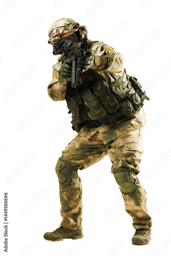 Armed soldier in camouflage with protective gear and tactical equipment aiming a weapon Armed soldier in camouflage with protective gear and tactical equipment aiming a weapon