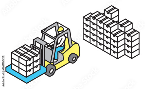 シンプル　イラスト　フォークリフトで段ボールを運ぶ作業員のベクターイラスト