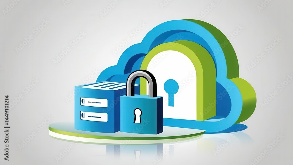 Cybersecurity awareness best practices concepts. Illustration of cloud storage security with a lock, server, and cloud icon, symbolizing secure data protection and online privacy. Cybersecurity awareness best practices concepts. Illustration of cloud storage security with a lock, server, and cloud icon, symbolizing secure data protection and online privacy.