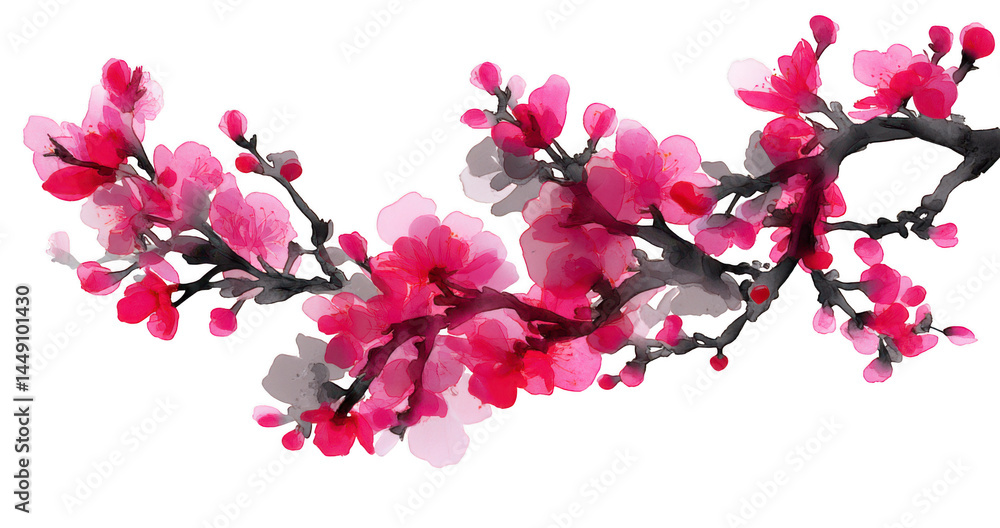 Fototapeta premium Delicate Pink Blossom Branch with Vibrant Flowers and Soft Petals Against Transparent Background