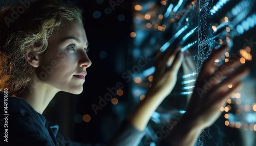 Woman Interacting with Data Screen for Innovative Business Solutions
