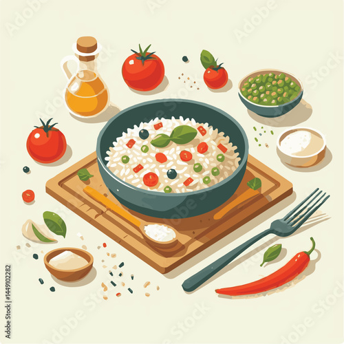food, rice, risotto, dish, dinner, meal, plate, gourmet, italian, cuisine, lunch, cheese, parmesan, healthy, background, delicious, traditional, tasty, cooked, homemade, vegetable, recipe, top view, m