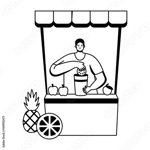 A glyph illustration of a character standing at a juice stall 

