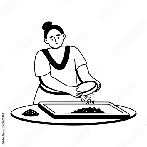 A woman sifting flour illustration in glyph style 
