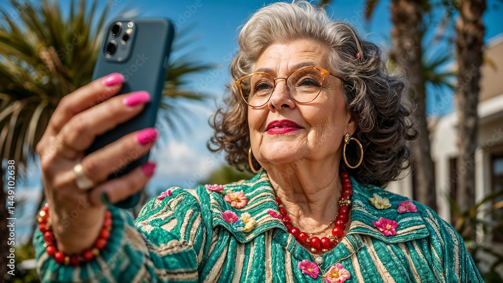 Fototapeta premium old fancy woman with wrinkles at skin with bright makeup make selfie with smartphone