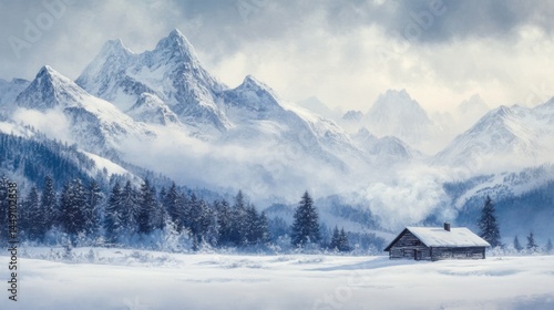 Wallpaper Mural A serene winter landscape featuring a quaint log cabin nestled within a snowy field, surrounded by majestic snow-capped mountains and dense evergreen forests. The sky, painted in soft shades of gray a Torontodigital.ca