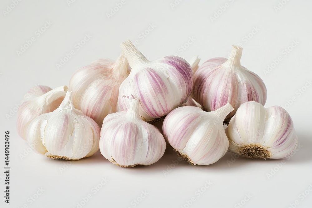 A close up view of a group of garlic bulbs against a plain background A close up view of a group of garlic bulbs against a plain background
