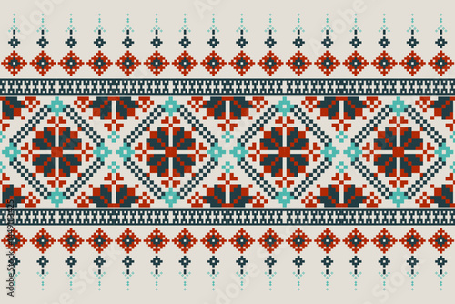 Cross Stitch pattern with Floral Designs. Traditional cross stitch needlework. Geometric Ethnic pattern, Embroidery, Textile ornamentation, fabric, Hand stitched pattern, Cultural stitching pixel art.