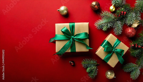 赤い背景、クリスマス、誕生日、贈り物、緑のリボンのプレゼントイメージ。Red background, Christmas, birthday, gift, present image with green ribbon.