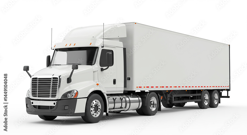 A clean white semi truck with a trailer on a white background in a studio shot for commercial use A clean white semi truck with a trailer on a white background in a studio shot for commercial use