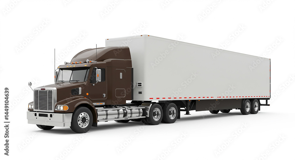 A brown semi truck with a white trailer isolated on a white background in a studio shot A brown semi truck with a white trailer isolated on a white background in a studio shot