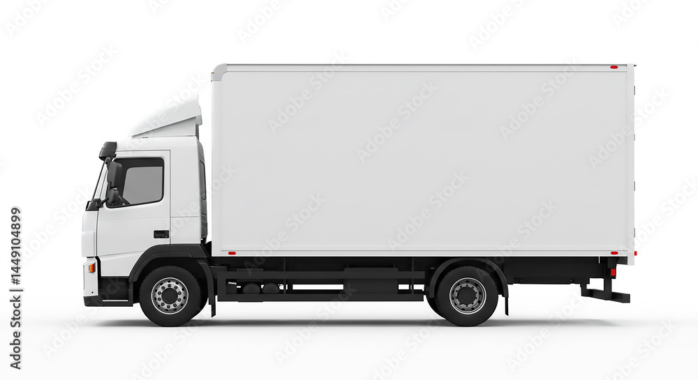 Side view of a white box truck with a blank canvas for delivery or transport on a white background Side view of a white box truck with a blank canvas for delivery or transport on a white background