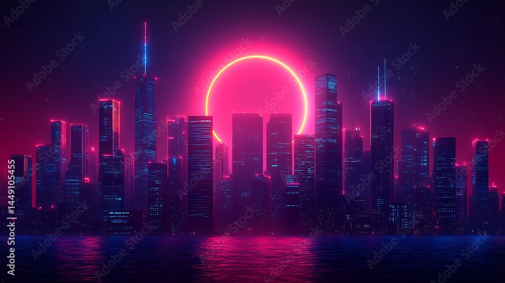 Fototapeta premium Neon city skyline reflecting on water