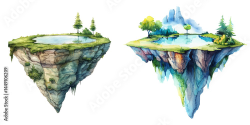 floating island watercolor vector illustration