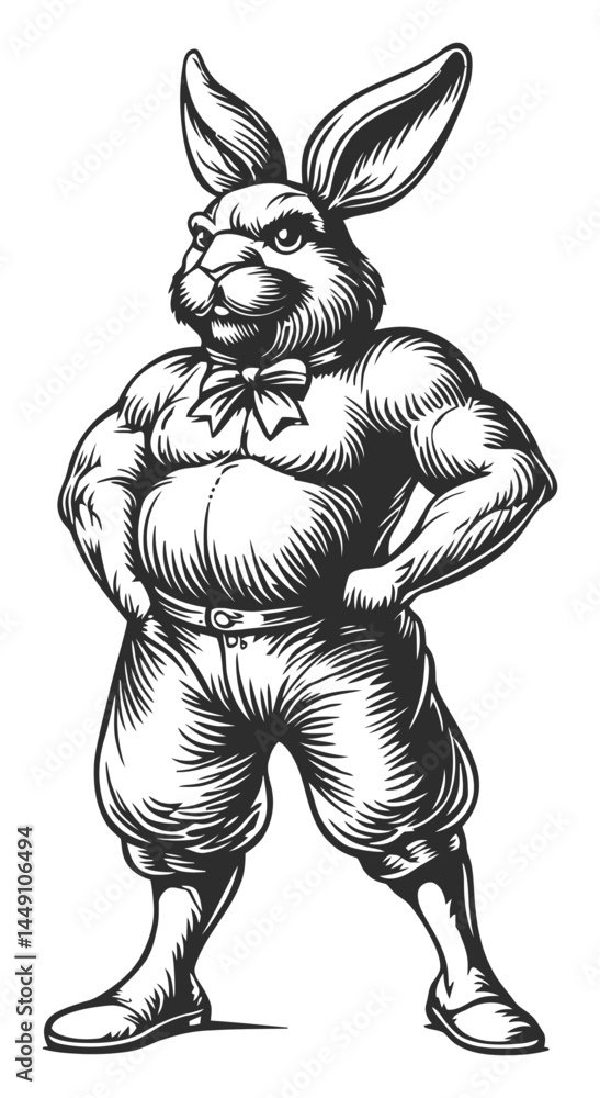 Obraz premium Strong Muscular Rabbit Character Vintage Engraving Illustration