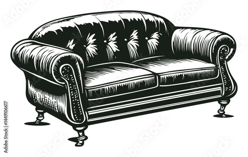 Vintage Engraving of a Classic Upholstered Sofa with Detailed Design