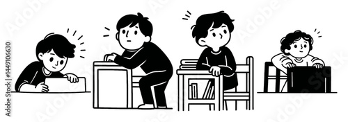Monoline Doodle of Boys Engaged in Various Classroom Activities