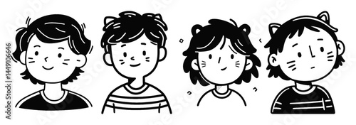 Cute Monoline Doodle of Four Children with Animal Ears and Expressions